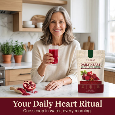 Woman enjoying Daily Heart Blend in her kitchen