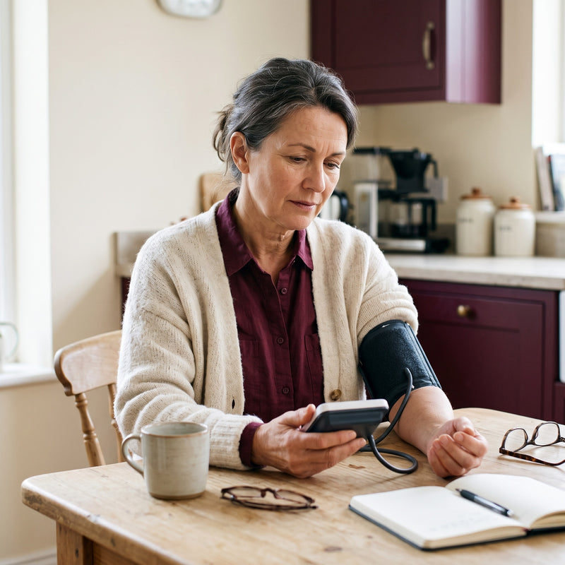 Woman checking her blood pressure at home